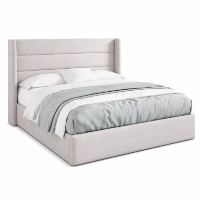 Left side view of a premium upholstered storage bed frame with concealed storage.