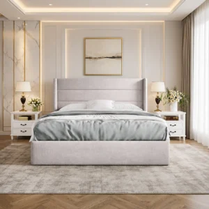 Luxury storage bed frame in a modern bedroom showcasing elegant design and practical storage.