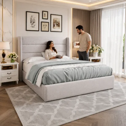 Close-up of premium fabric upholstery and craftsmanship on a modern storage bed frame.