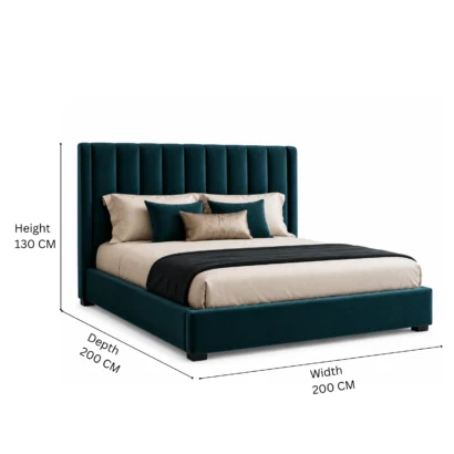 Elegant upholstered bed with a tall vertical channel headboard and premium fabric finish.