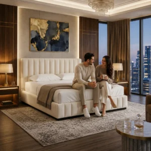 Vertical Channel Bed Frame UAE featuring elegant tufted upholstery and a modern platform design