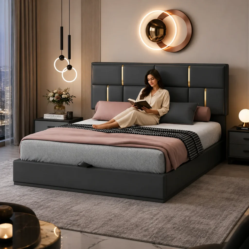 Zenith Luxe Bed Dubai featuring a modern upholstered platform design with elegant vertical tufting