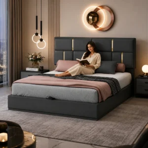 Zenith Luxe Bed Dubai featuring a modern upholstered platform design with elegant vertical tufting