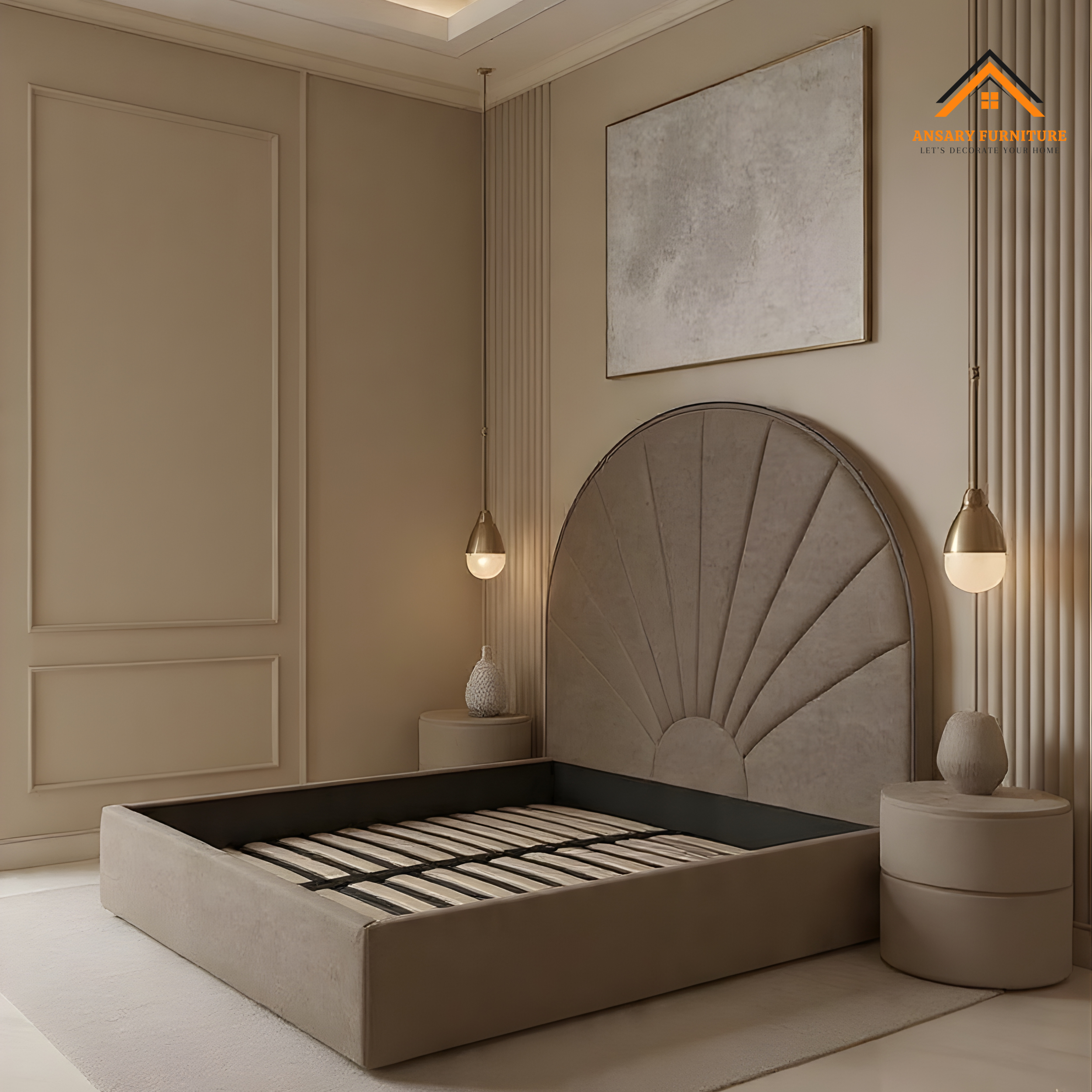 Arch Sunburst Velvet Bed Frame beige