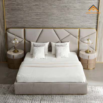 Close-up of geometric headboard design and premium foam padding by Ansary Furniture.
