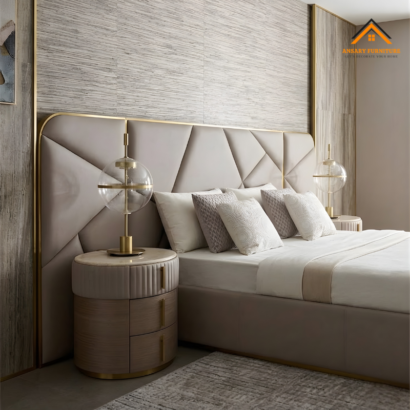 Modern geometric upholstered headboard in a luxury Dubai master bedroom.