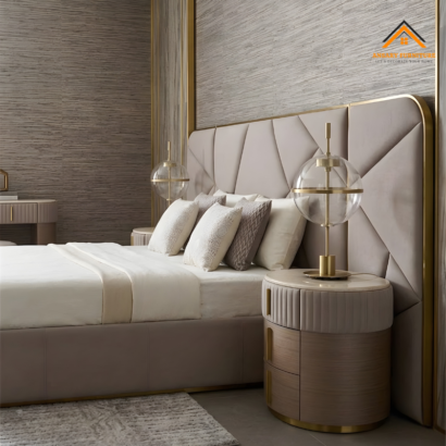 - Neutral fabric platform bed with gold trim detailing, ideal for Dubai luxury villas.