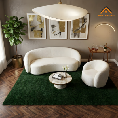 Textured White Bouclé Curved Sofa with Minimalist Aesthetic in Dubai UAE