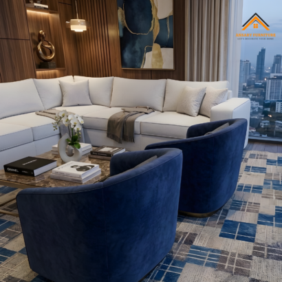 Modern white L-shaped sectional sofa in a luxury Dubai