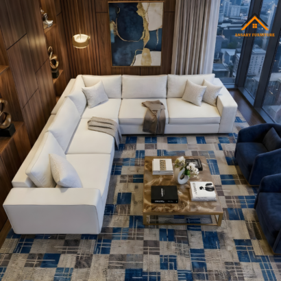 Premium fabric corner sofa from Ansary Furniture styled in a contemporary UAE living room interior.