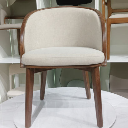 Minimalist cream and wood armchair for upscale interiors.