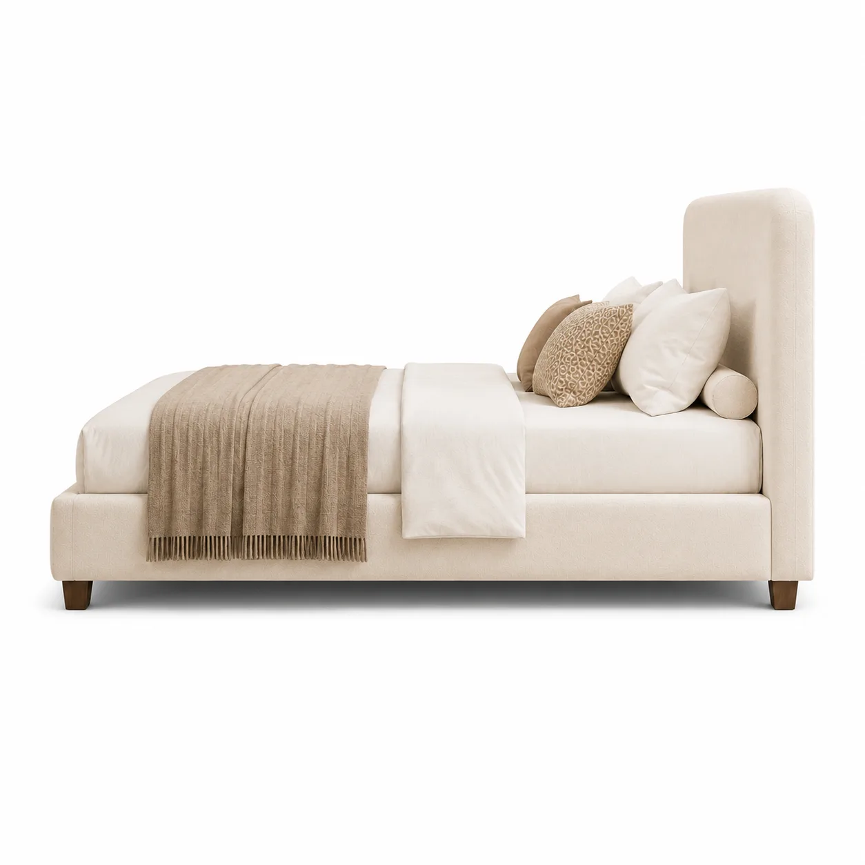 Left-angle view of the Luxury Cream Fabric Bed Frame with minimalist upholstered headboard and elegant cream linen fabric, UAE.