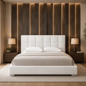 Premium Linear Grid Upholstered Bed Frame with contemporary design and linen fabric in Dubai, UAE