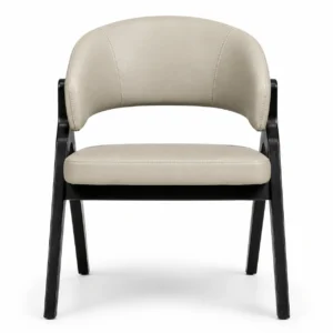 Curved Back Wooden Dining Armchair with curved backrest and visible stitching, front view