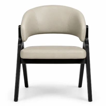 Curved Back Wooden Dining Armchair with curved backrest and visible stitching, front view