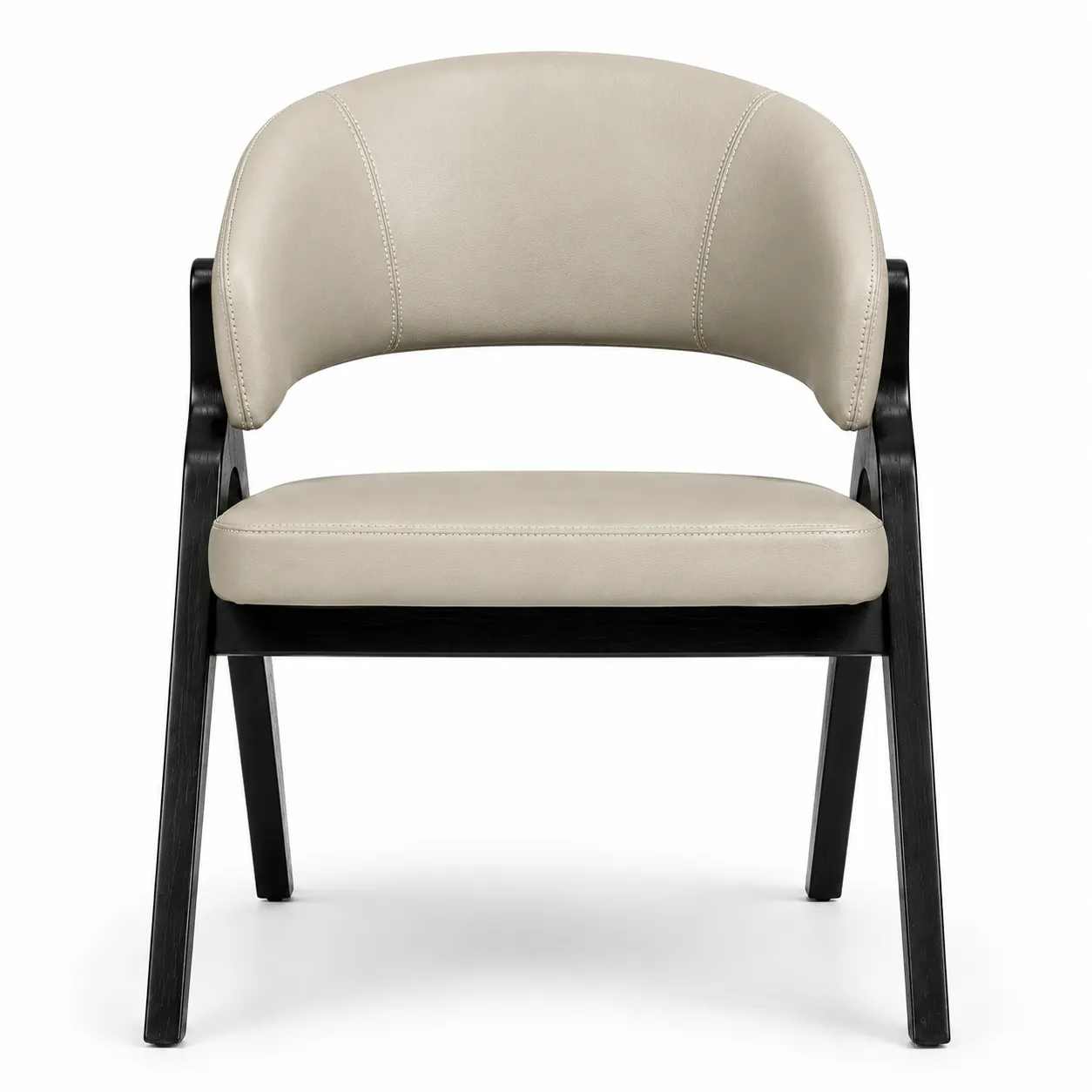 beige-modern-dining-chair-front-view.webp Curved Back Wooden Dining Armchair with curved backrest and visible stitching, front view