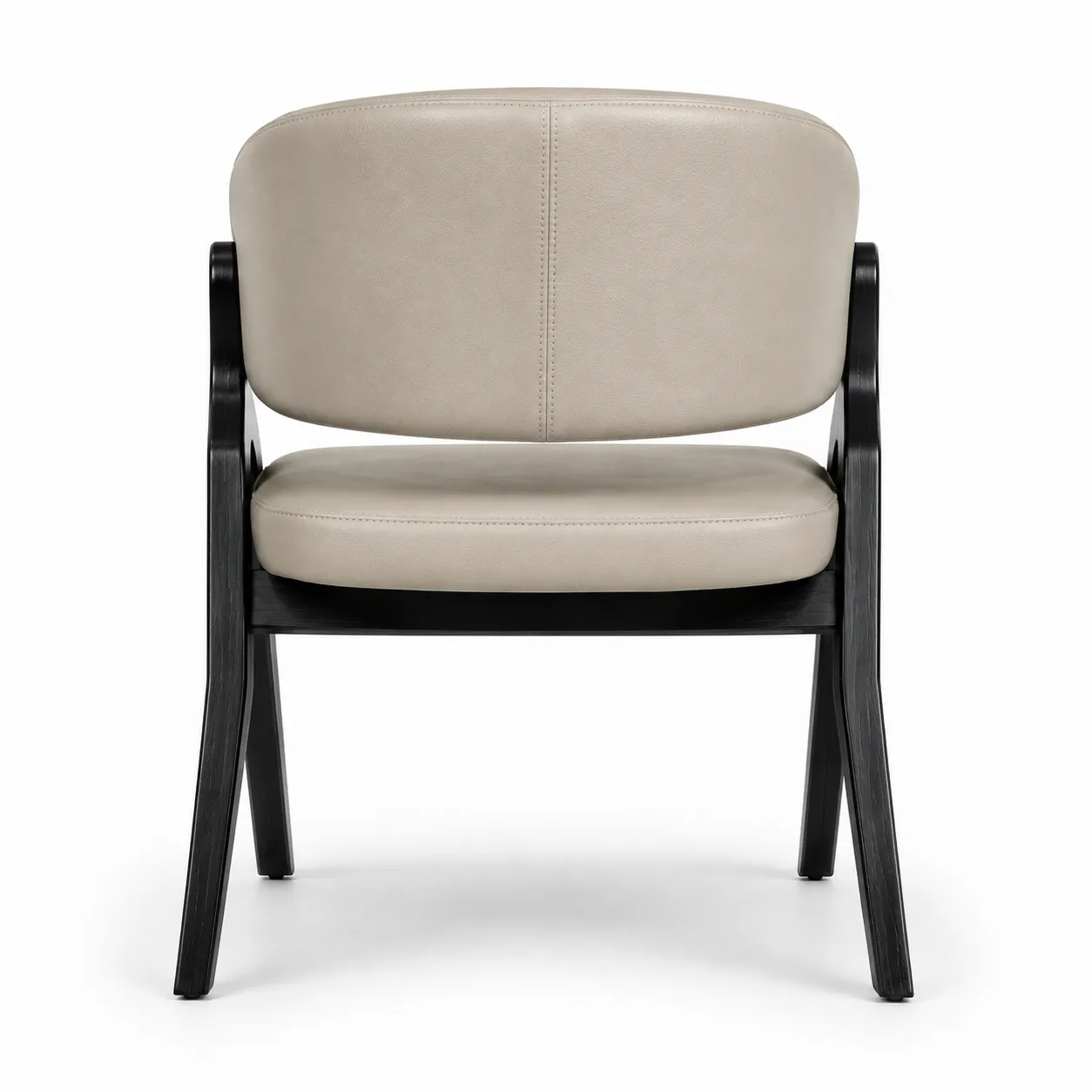 Back view of beige upholstered dining chair with stitched curved backrest and black legs