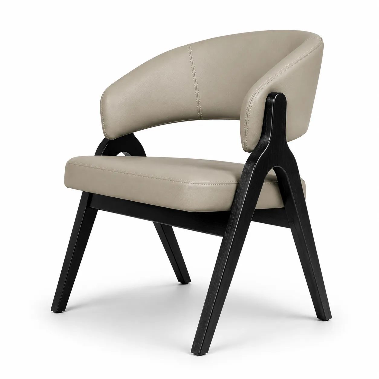Beige upholstered dining chair with black wooden legs, front right angle view