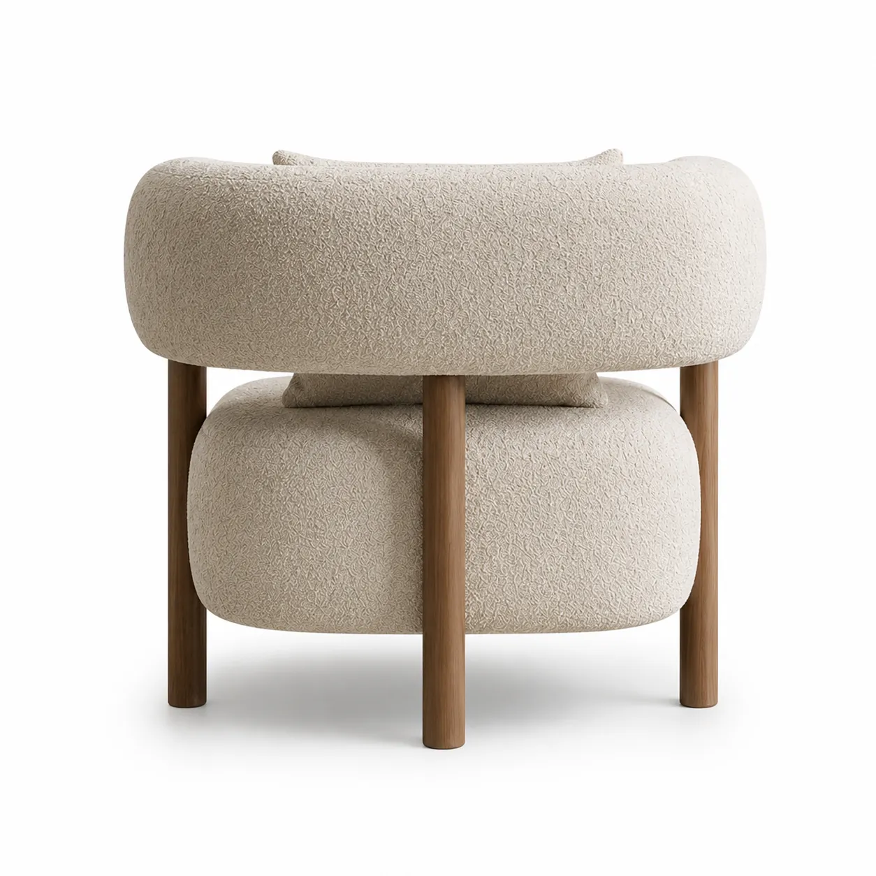 Scandinavian bouclé accent chair back view with curved upholstered backrest