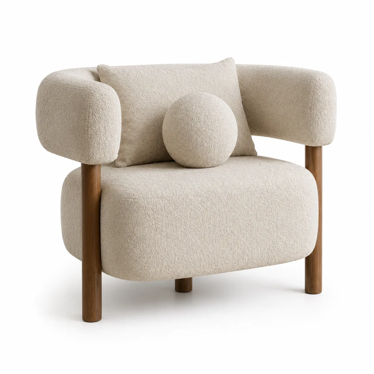 Bouclé accent chair side view with natural wood legs and rounded silhouette