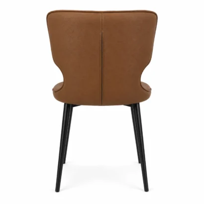 Rear view of a brown finish dining chair with a curved upholstered backrest
