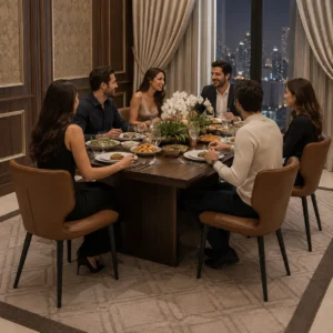 Brown finish dining chairs arranged around a dining table in an elegant Dubai dining room
