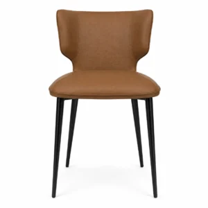 Brown finish dining chair with a contoured backrest and black tapered legs
