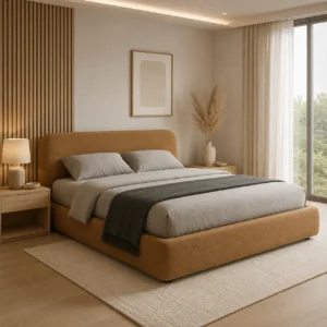 Modern Bouclé Platform Bed featuring soft textured upholstery for elegant Dubai interiors