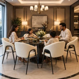 Cream bouclé dining chairs arranged around a modern dining table in an elegant interior