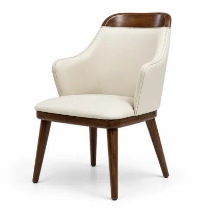 Cream faux leather dining chair with walnut wood frame and upholstered seat