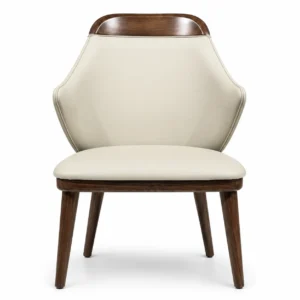 Cream faux leather dining chair front side view with walnut wood frame