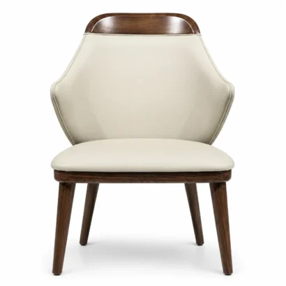 Cream faux leather dining chair front side view with walnut wood frame