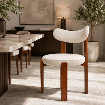 Cream upholstered dining chair with wooden legs in an elegant dining room
