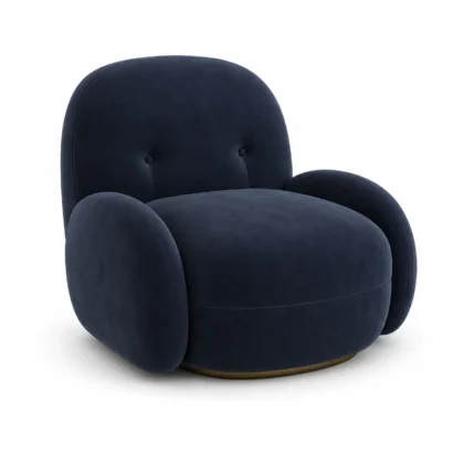 Modern curved armchair side view with rounded silhouette and gold base