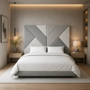 Modern Geometric Panel Bed Frame with a premium upholstered headboard, crafted for elegant homes in Dubai.