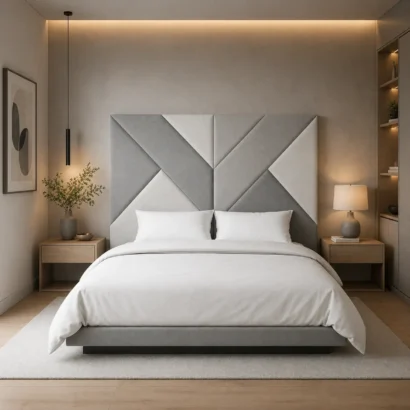 Modern Geometric Panel Bed Frame with a premium upholstered headboard, crafted for elegant homes in Dubai.