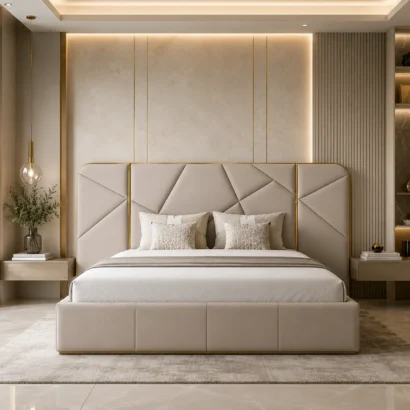 Front view of the Elite King Bed Frame featuring a contemporary upholstered headboard and elegant bedroom styling in Dubai.