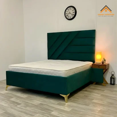 Emerald teal fabric bed frame with contemporary upholstered headboard
