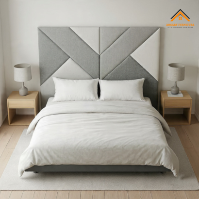 Ansary Furniture GeoModern bed with asymmetrical upholstered panels and sleek platform base.