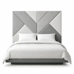 Geometric Upholstered Panel Bed Frame with premium fabric upholstery, modern luxury bedroom furniture in Dubai, UAE.