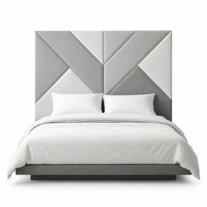 Geometric Upholstered Panel Bed Frame with premium fabric upholstery, modern luxury bedroom furniture in Dubai, UAE.