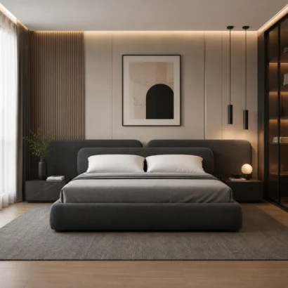 Luxe Extended Bed Frame in premium charcoal fabric with a modern luxury bedroom interior in Dubai, UAE.