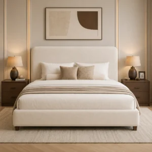 Right-angle view of the Luxury Cream Upholstered Bed Frame featuring premium cream fabric, rounded headboard, and solid wood legs by Ansary Furniture.