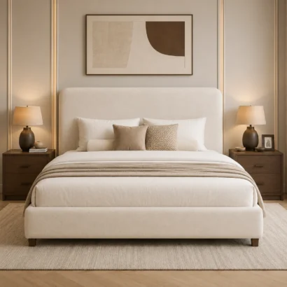 Right-angle view of the Luxury Cream Upholstered Bed Frame featuring premium cream fabric, rounded headboard, and solid wood legs by Ansary Furniture.