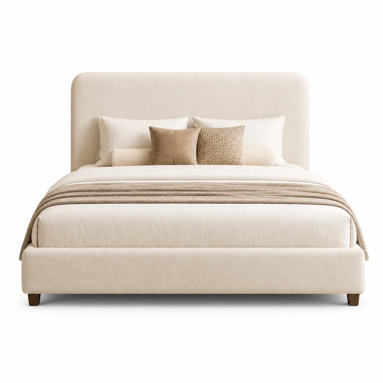 luxury-cream-fabric-bed-frame-front-view-dubai.webp Luxury Cream Fabric Bed Frame by Ansary Furniture with padded headboard and premium upholstery, front view on white background, Dubai UAE.