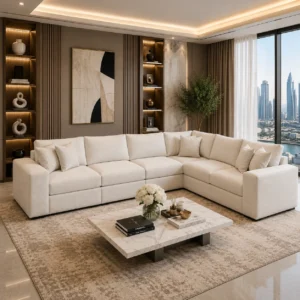 Luxury cream fabric L-shaped 6-seater sectional sofa with deep seating and modern styling for elegant homes in the UAE.