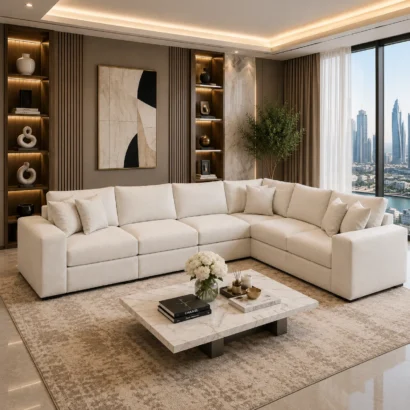 Luxury cream fabric L-shaped 6-seater sectional sofa with deep seating and modern styling for elegant homes in the UAE.