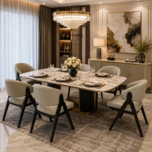 Luxury dining room with beige upholstered dining chairs and black wooden frames in Dubai