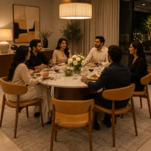 Luxury dining room with tan leather dining chairs and family seating in Dubai, UAE