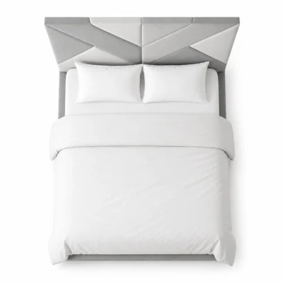 Premium Geometric Upholstered Bed Frame with a sleek platform design, luxury bedroom furniture by Ansary Furniture UAE.